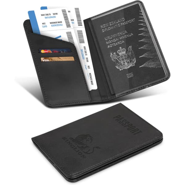 A black passport wallet with card slots, an ID pocket, and an embossed design. Features a branding logo.