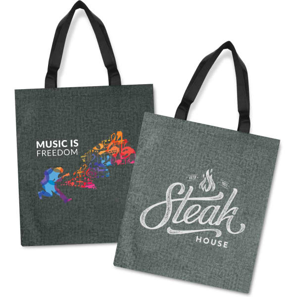 A green tote bag with black handles featuring colourful music-themed graphics on one side and 