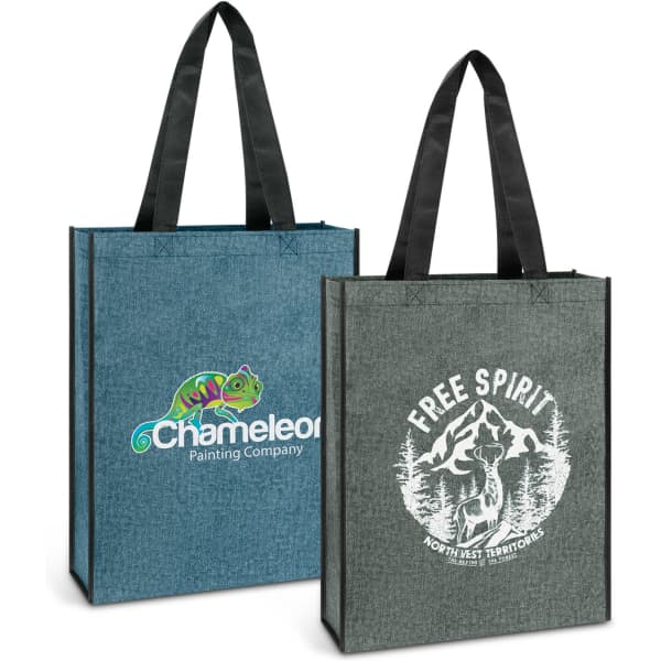 A tote bag with a teal and grey design, featuring branding on both sides and black handles.