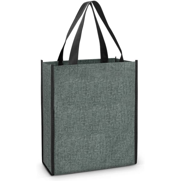 A grey tote bag with black handles, featuring a simple design and a branding logo.