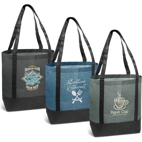 A set of three tote bags in grey and blue with black accents, each featuring a different logo design.