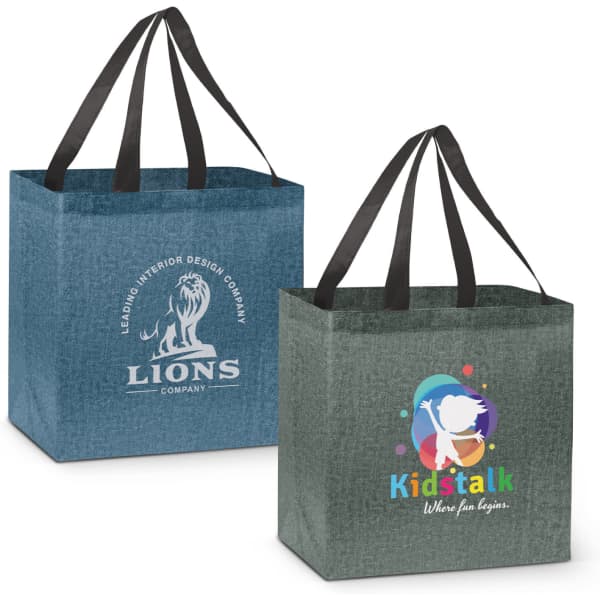 Two heather tote bags featuring a dark blue and grey colour scheme, each with black handles and a logo.