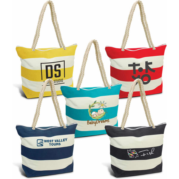 Five striped tote bags in various colours, including yellow, red, blue, and navy, with different logos and rope handles.