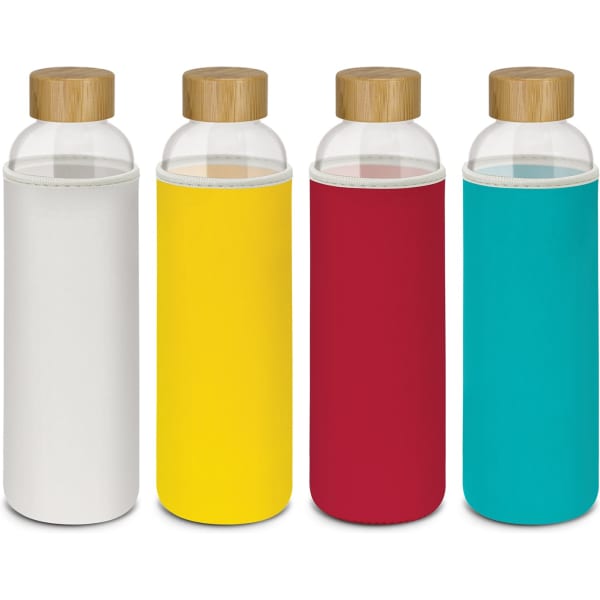 A drink bottle set with glass bodies and bamboo lids, featuring neoprene sleeves in white, yellow, red, and turquoise.