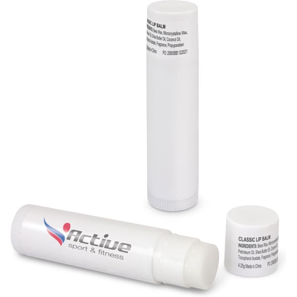 A white Classic Lip Balm tube with a twist-off cap, featuring a logo. Two tubes are shown, one open and one closed.