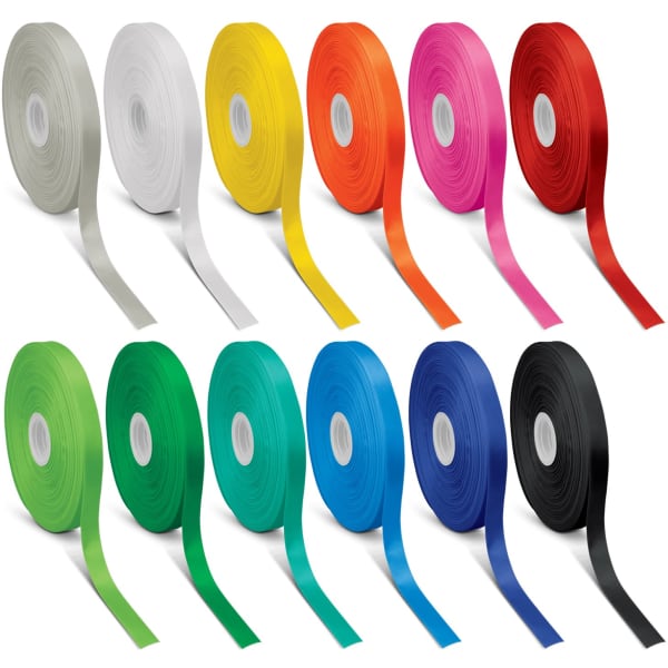 A range of 15mm personalised ribbon in colours including white, yellow, red, pink, green, and blue, featuring various spools.