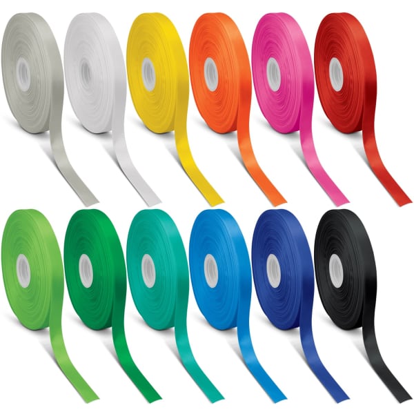 A variety of 20mm personalised ribbon rolls in silver, white, yellow, orange, pink, red, green, teal, and blue.