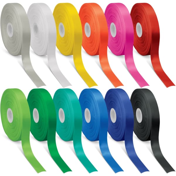 A collection of 12 ribbons in various colours, including white, yellow, pink, red, green, blue, and black, on spools.