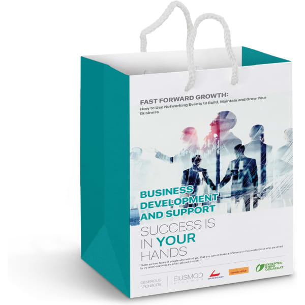 A medium laminated paper carry bag in teal and white with a graphic design and a logo. Features sturdy handles.