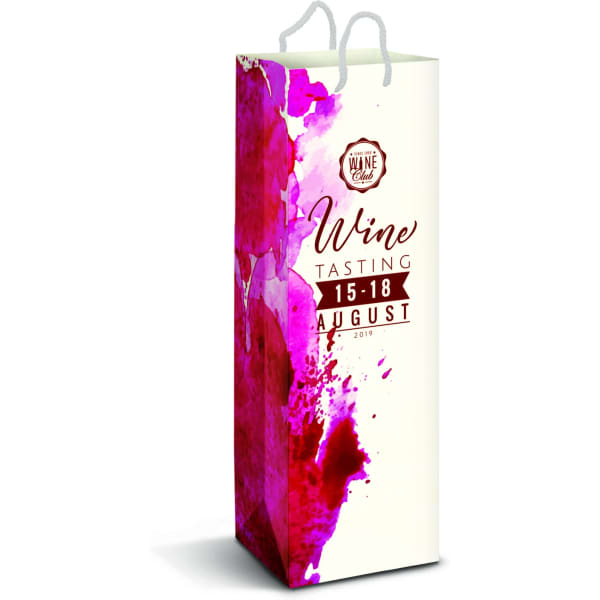 A wine bag featuring a white background with a pink and purple splash design and includes handles.