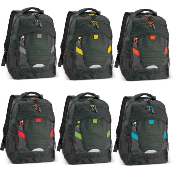 A range of dark green backpacks featuring different coloured zippers and accents, each with a logo on the front.