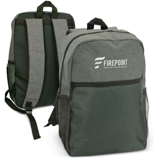 A grey backpack with green accents, featuring padded shoulder straps and a side mesh pocket. It has a logo on the front.