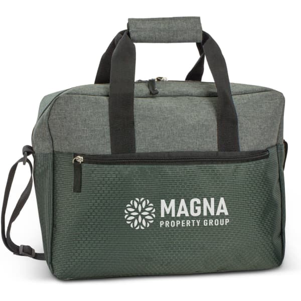A green and grey business satchel with dual handles, an adjustable shoulder strap, and a logo on the front.