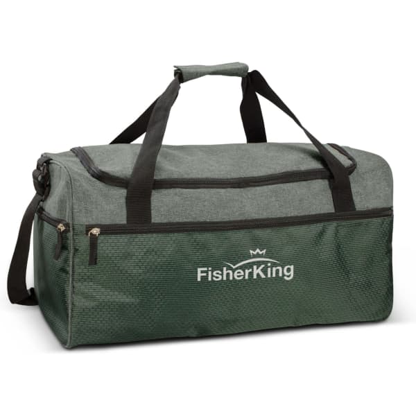 A green duffle bag with a zippered top and sturdy handles, featuring a logo on the front.