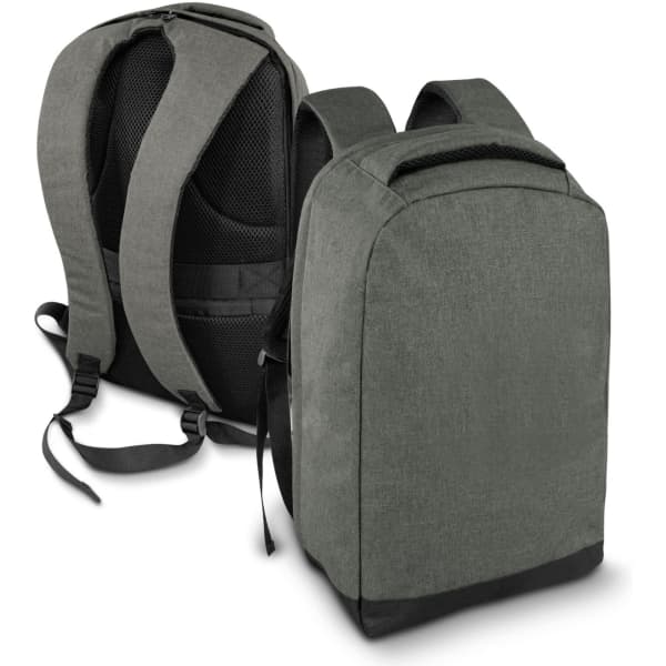 A grey backpack with padded straps and a sleek design, featuring a logo on the front.