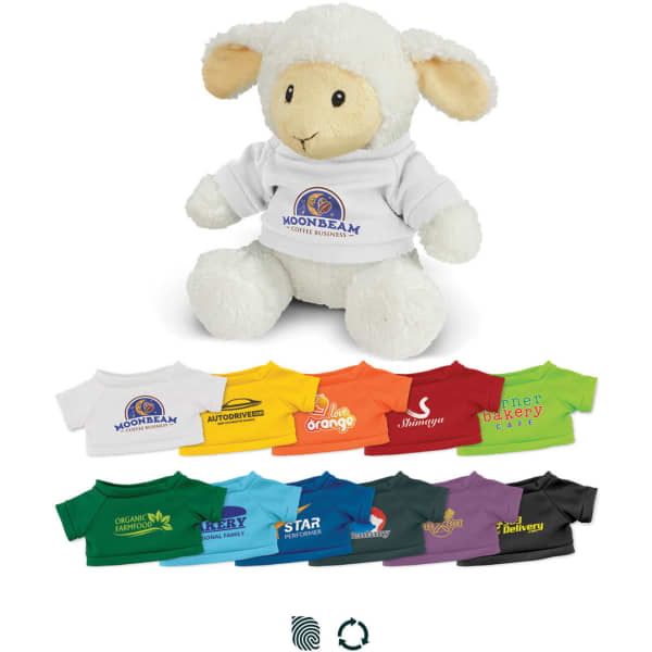 A fluffy white lamb plush toy wearing a white t-shirt, displayed alongside various coloured t-shirts in multiple shades.