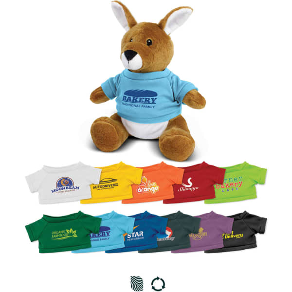 A cuddly kangaroo plush toy wearing a blue shirt, surrounded by various colourful mini t-shirts in different hues.