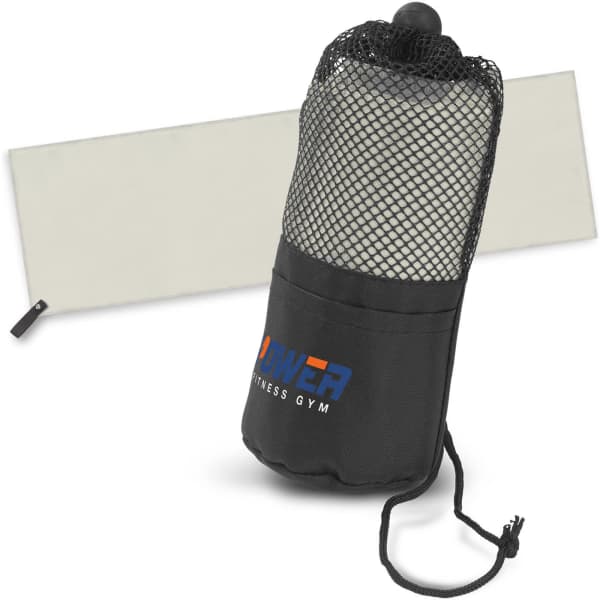 A black mesh gym towel holder with a grey towel, featuring a logo on the holder.