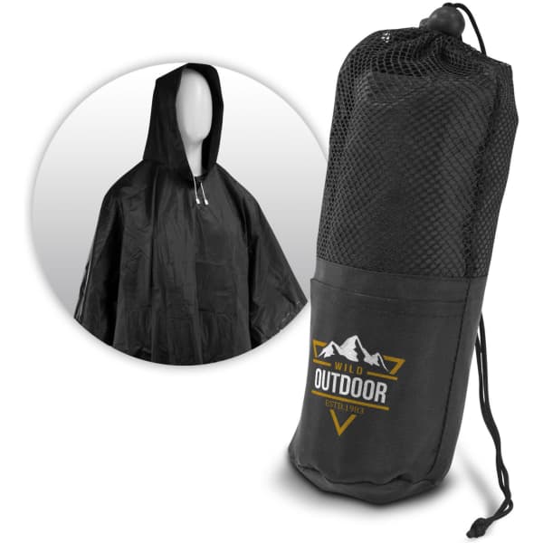 A black poncho with a hood packed in a mesh carry pouch, featuring a logo on the pouch.
