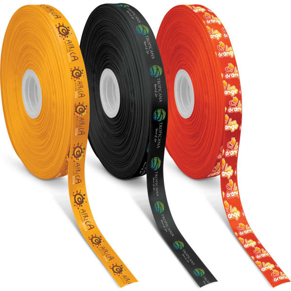 Three spools of personalised ribbon in orange, black, and yellow, each with varied printed designs and logos.