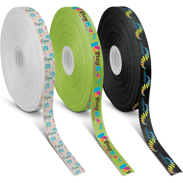 A selection of 20mm personalised ribbon rolls in white, green, and black, featuring decorative patterns and logos.
