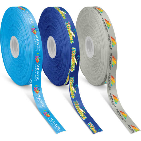 Three rolls of personalised ribbon in blue, navy, and grey, featuring various patterns and a logo.