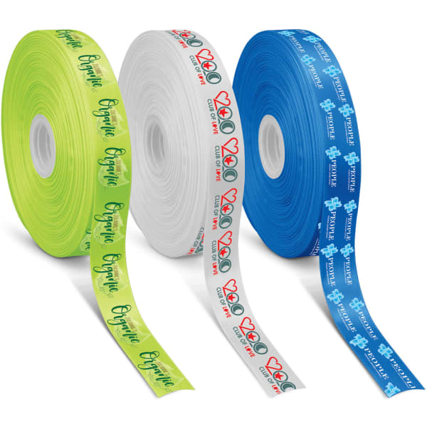 Three rolls of personalised ribbon in green, white, and blue, featuring various printed designs.