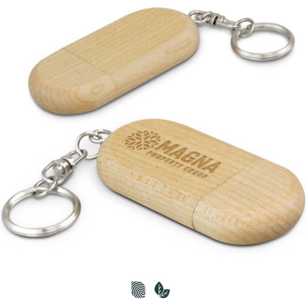 A wooden 4GB flash drive with a keychain attachment and branding on one side.