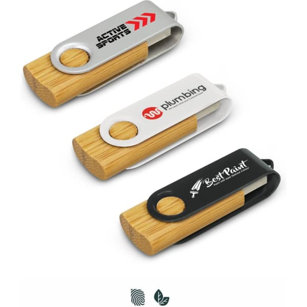 Three Helix 4GB bamboo flash drives in silver, black, and a two-tone design, each featuring a logo.