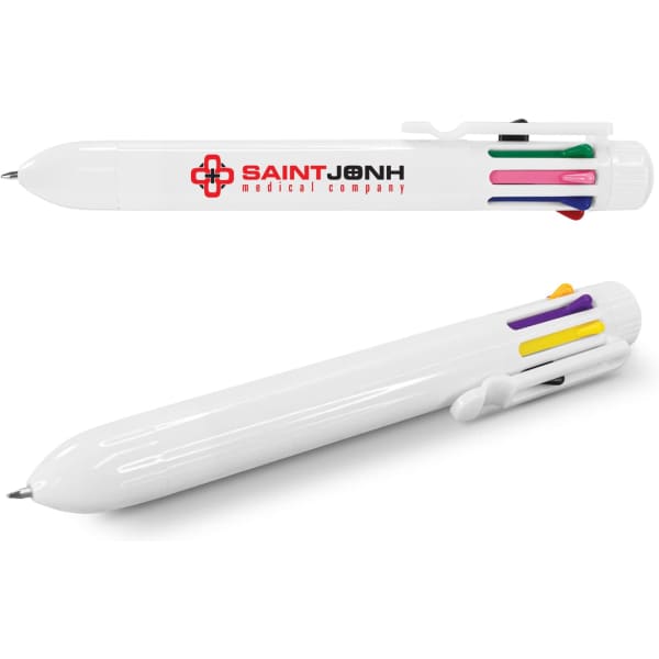 A white multi-pen featuring various coloured grips and a logo, designed for writing.