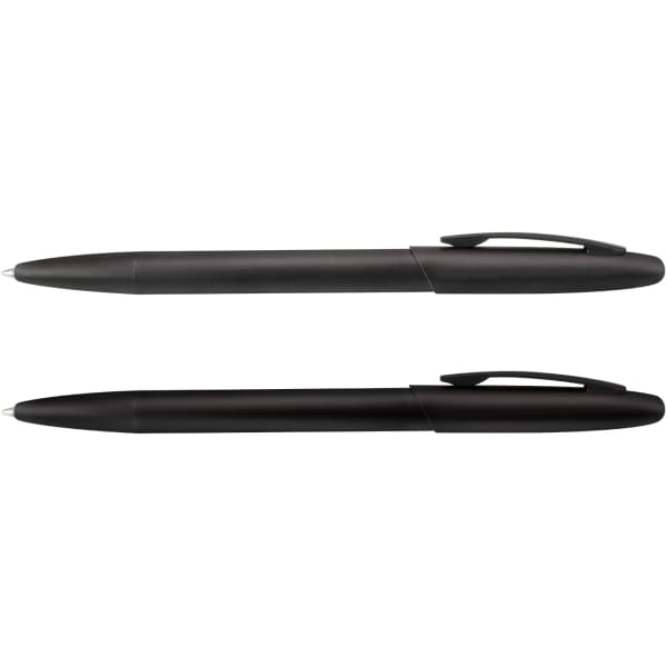 A set of two black metal pens with sleek designs and clips, featuring a logo on the body.
