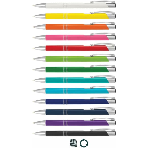 A variety of metal pens in white, orange, pink, red, green, blue, and black, featuring silver accents and branding.