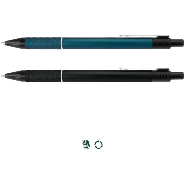Two metal pens are displayed, one in teal with a textured grip and the other in black, both featuring a branding logo.