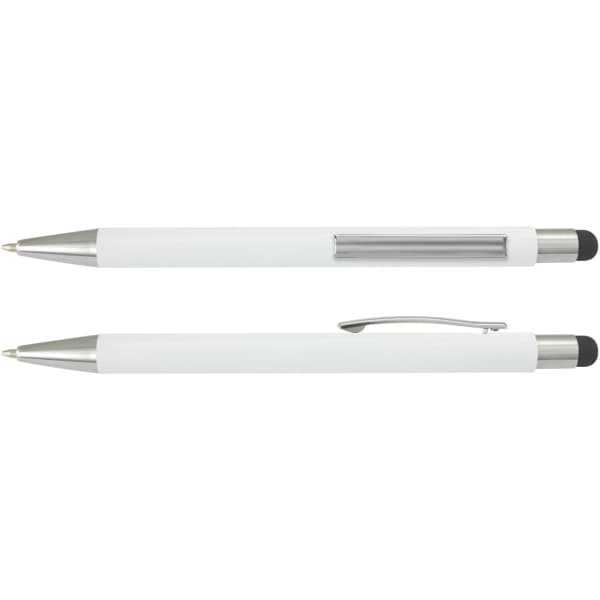 A Lancer stylus pen with a white barrel and metal accents, featuring a pen tip and a stylus tip.
