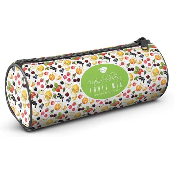 A cylindrical pencil case featuring a vibrant fruit mix design with a zip closure and a logo.