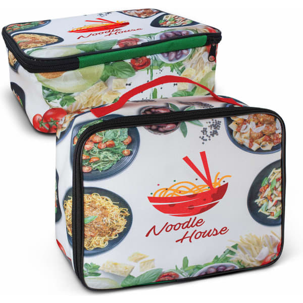 A lunch cooler bag featuring a vibrant food print in various colours, with a logo on the front and a zip closure.