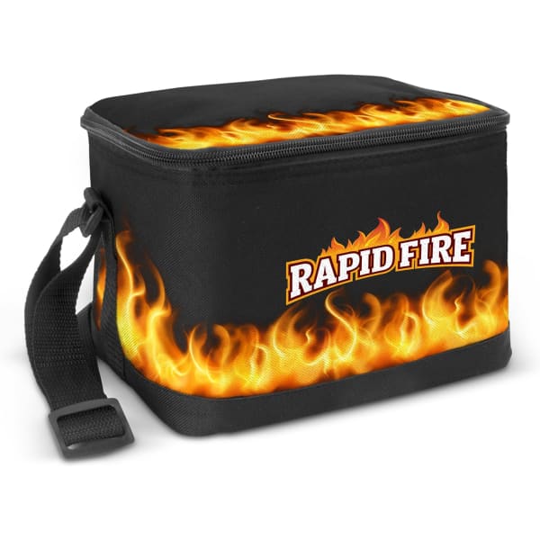 A small black cooler bag featuring a flame design and a logo, with a shoulder strap for easy carrying.