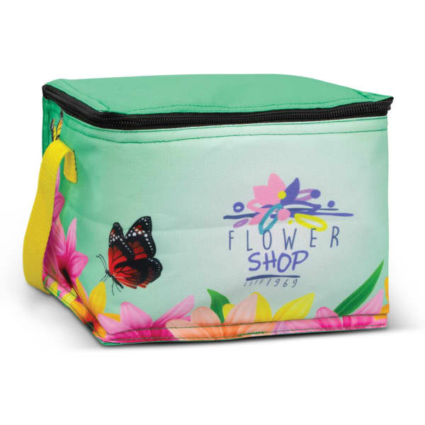 A full-colour cooler bag in teal green featuring floral designs and a butterfly, with a yellow handle.