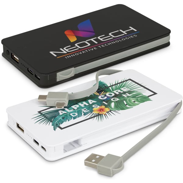 A black and white power bank with a USB cable attached, featuring a logo on the black side and a design on the white side.