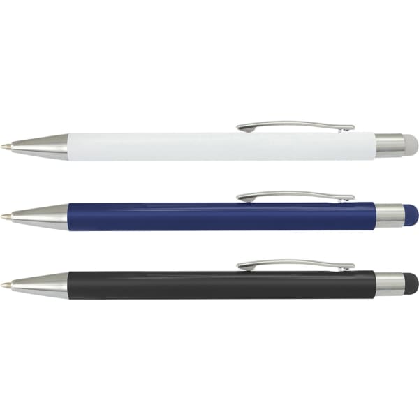 A set of Lancer stylus pens in white, navy blue, and black, featuring a sleek metallic finish and clips.