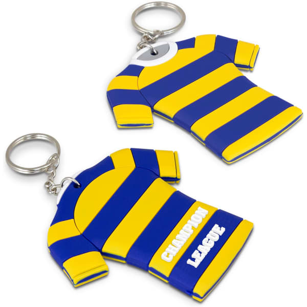 A large PVC key ring moulded in blue and yellow, featuring two shirt designs with a keychain attachment.