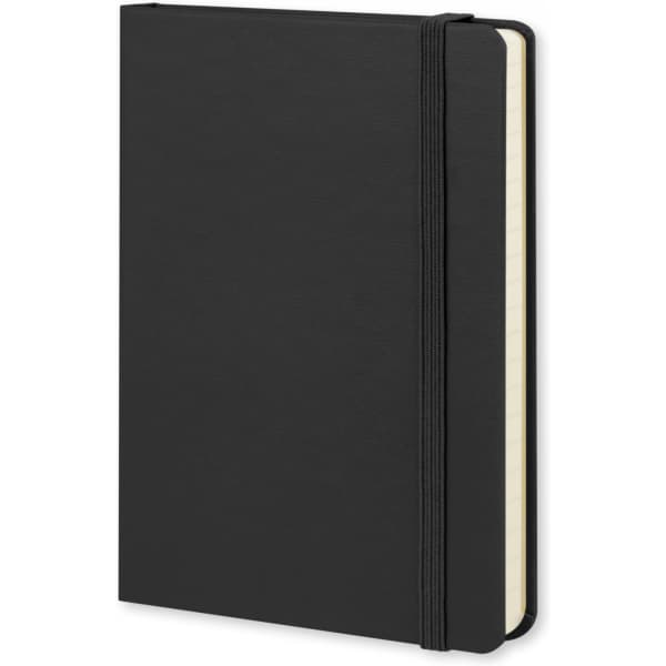 A black Moleskine Classic Hard Cover Notebook with a ribbon bookmark and elastic closure.