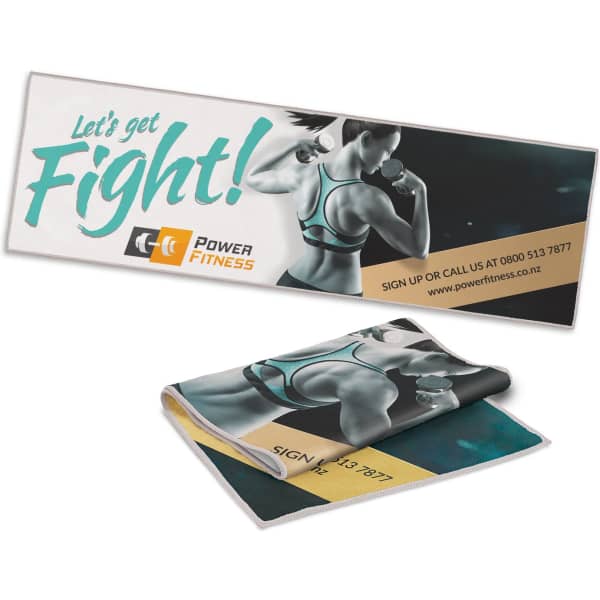 A sports towel featuring a dynamic design in vibrant colours, with branding and an image of a person exercising.