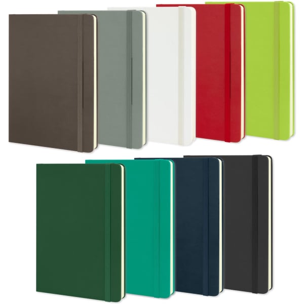 A collection of Moleskine Classic Hard Cover Notebooks in various colours: dark brown, white, red, green, and shades of teal and black.
