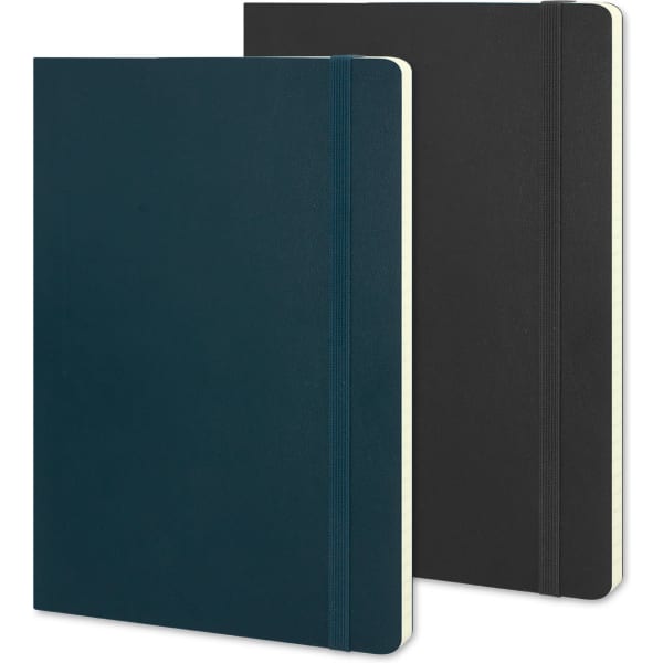 A large Moleskine Classic Soft Cover Notebook available in dark green and black, featuring a secure elastic closure.