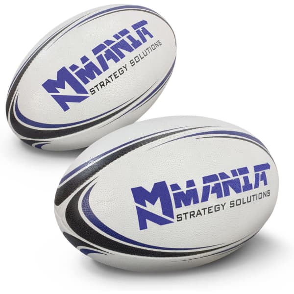 A rugby ball in white with blue and black accents, featuring branding. Two balls are displayed side by side.