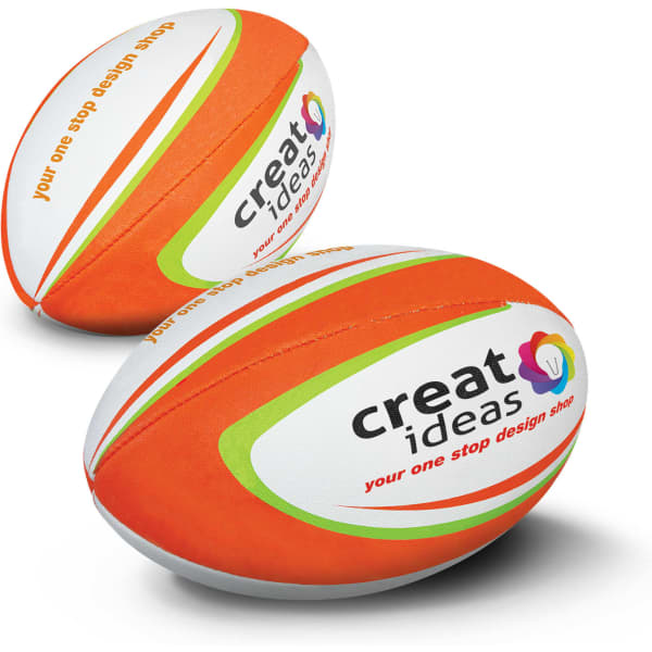 Two orange rugby balls with white accents and a colourful logo, designed for promotional use.