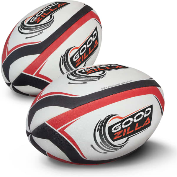A rugby ball in white with red and black accents, featuring a logo. Two balls are positioned closely together.