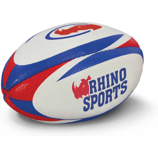 A rugby ball mini in white, red, and blue, featuring a logo and textured surface.
