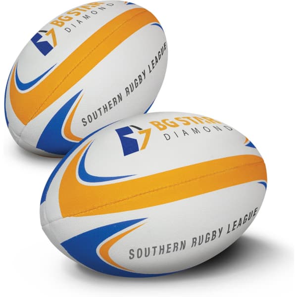 A rugby league ball in white, orange, and blue with a design and a logo. Two balls are displayed at an angle.